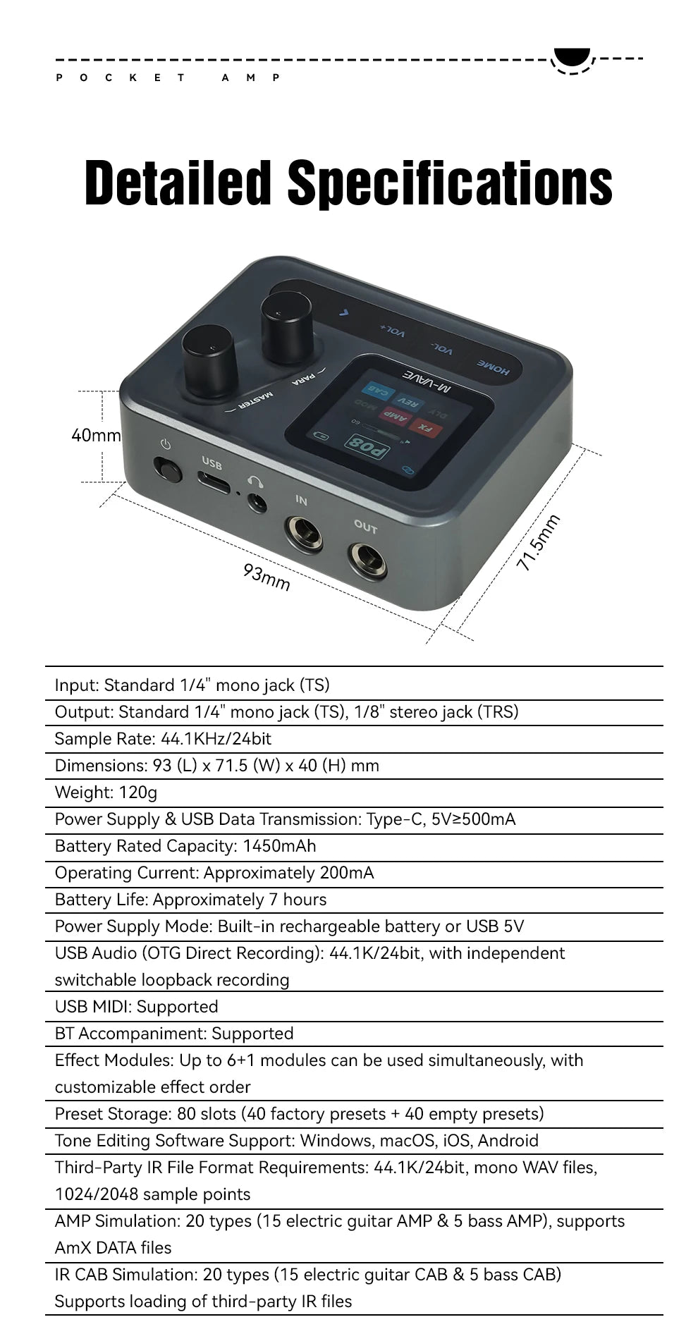 M-VAVE POCKET AMP Mini Guitar Bass Amp 1.54" LCD Color Screen APP Control Multi-Function Desktop Effects Processor Pedal