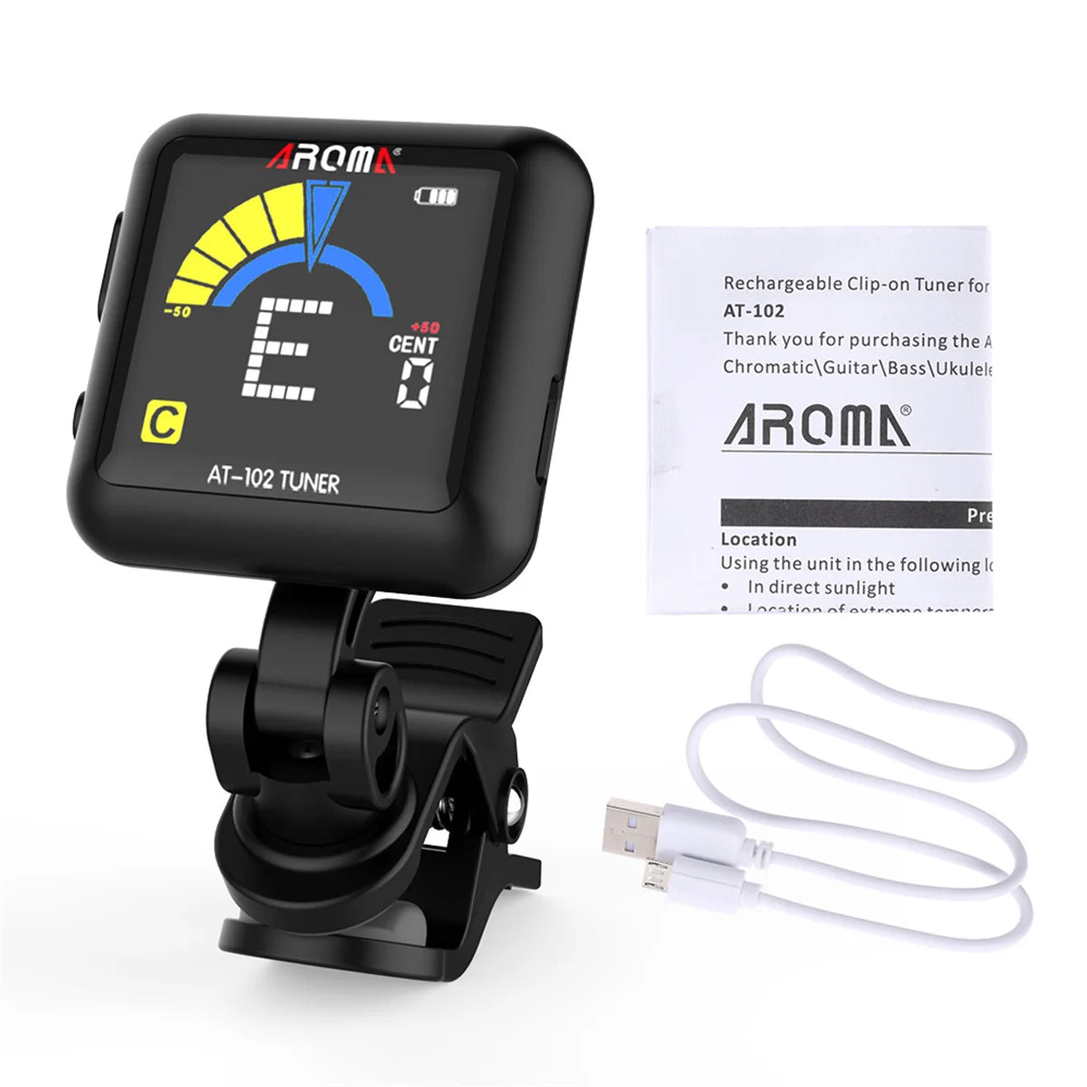 AROMA Rechargeable tuner AT-102 Black, USB Rechargeable Built‑in Battery  Large LCD 360 Degree for Guitar/Bass/Ukulele/Violin