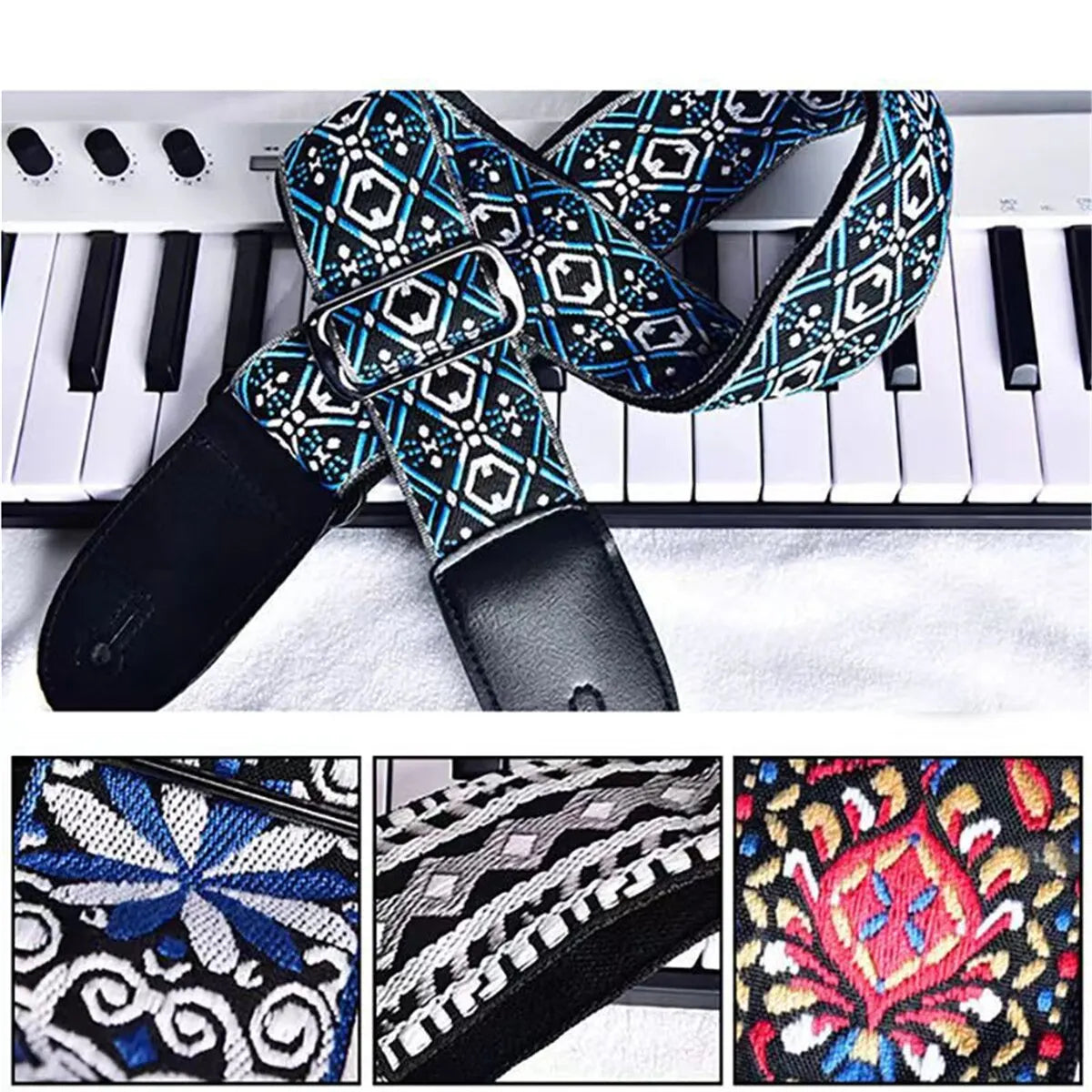 Embroidered Print Guitar Strap Vintage Ethnic Style Adjustable Strap for Folk Electric Guitar Bass Ukulele Guitar Accessories