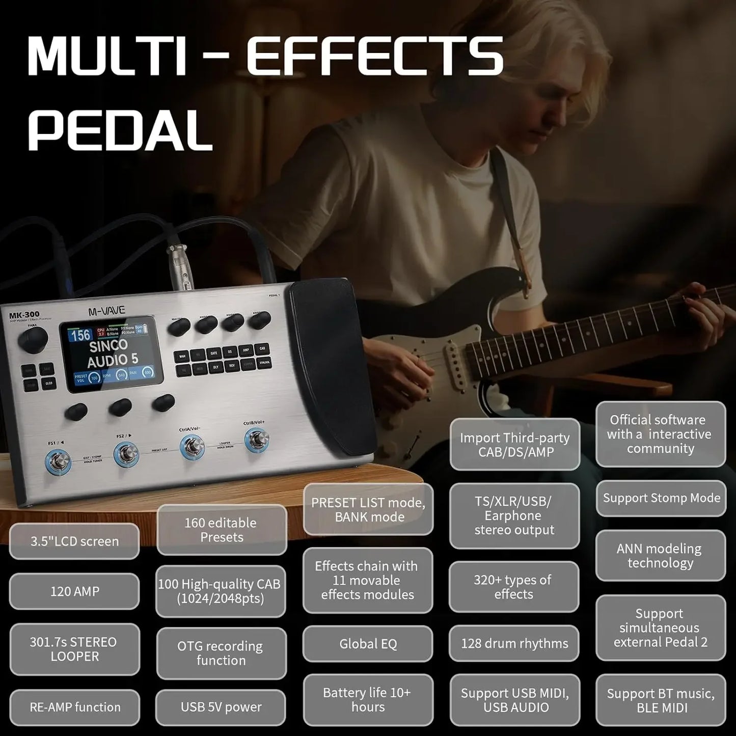 M-VAVE MK300 Electric Guitar with Multiple Effects Pedals, 150s STEREO LOOPER, 128AMP/360FX/10H Battery Life