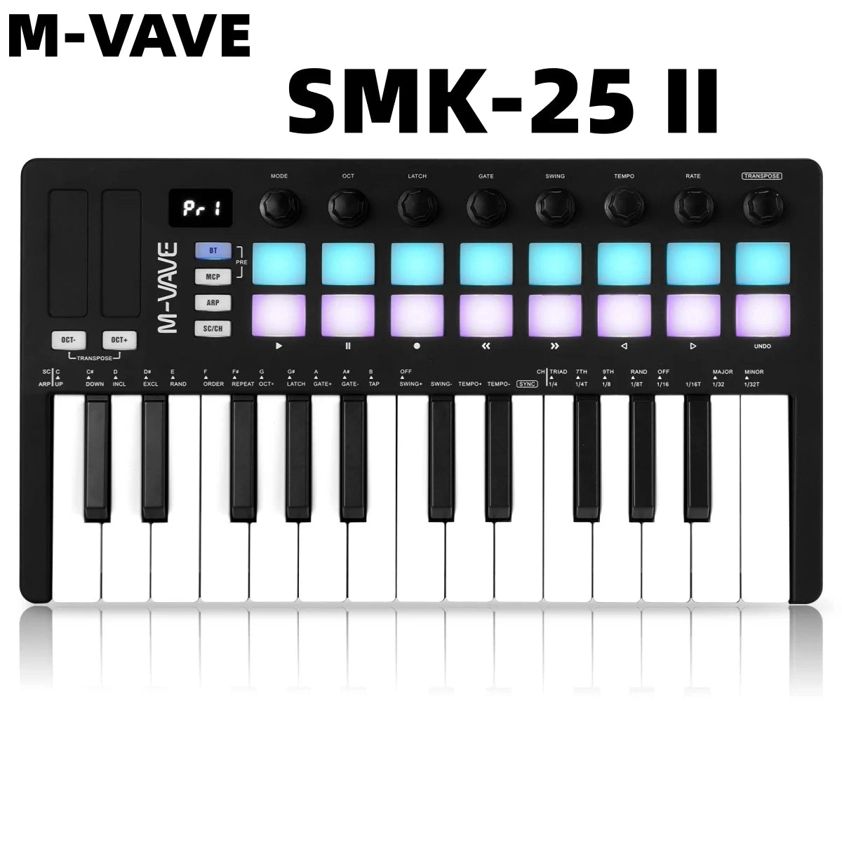 M-VAVE SMK-25 II MIDI Pad Controller Keyboard USB Mini 25 Key,16 RGB Drum Pads,8 Knobs and Music Production,Software Included