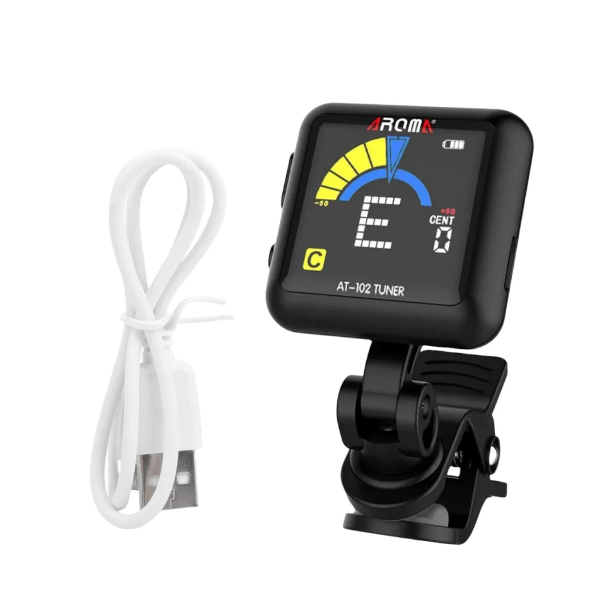 AROMA Rechargeable tuner AT-102 Black, USB Rechargeable Built‑in Battery  Large LCD 360 Degree for Guitar/Bass/Ukulele/Violin